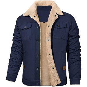 Men's Fleece Trucker  Warm Sherpa Lined Cotton Cargo Turn-down Coat with Pockets